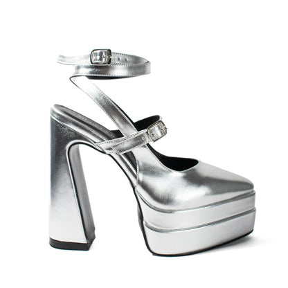 Tacones plateados con doble plataforma modelo Artemissa